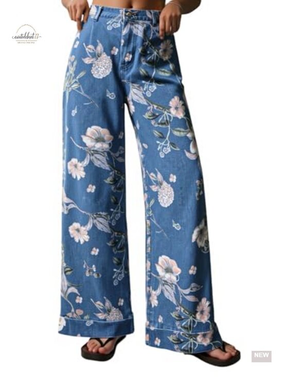 Denim - Floral Baggy Wide Leg High Waisted Denim Jeans Boho Print Cotton Blend Relaxed